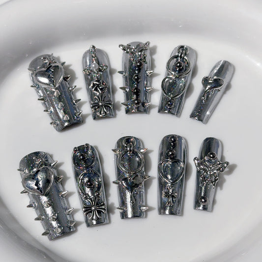 European and American Cross-border Square-tube Nail Art, Liquid Metal Rivet, Removable Press-on Nails, Handmade