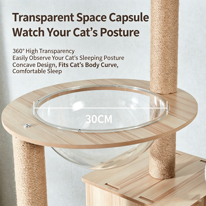 Heavy‑Duty Wooden Cat Tree|Spacious Space Capsule Tower For Your Furry Friends