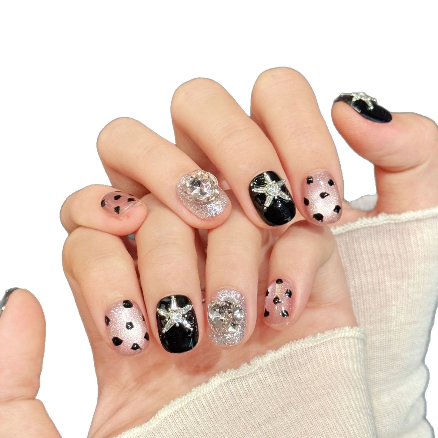 Black Pink Leopard Print Star Rhinestone Decor, Sweet & Cool Style Glitter Handmade Press On Nail Tips