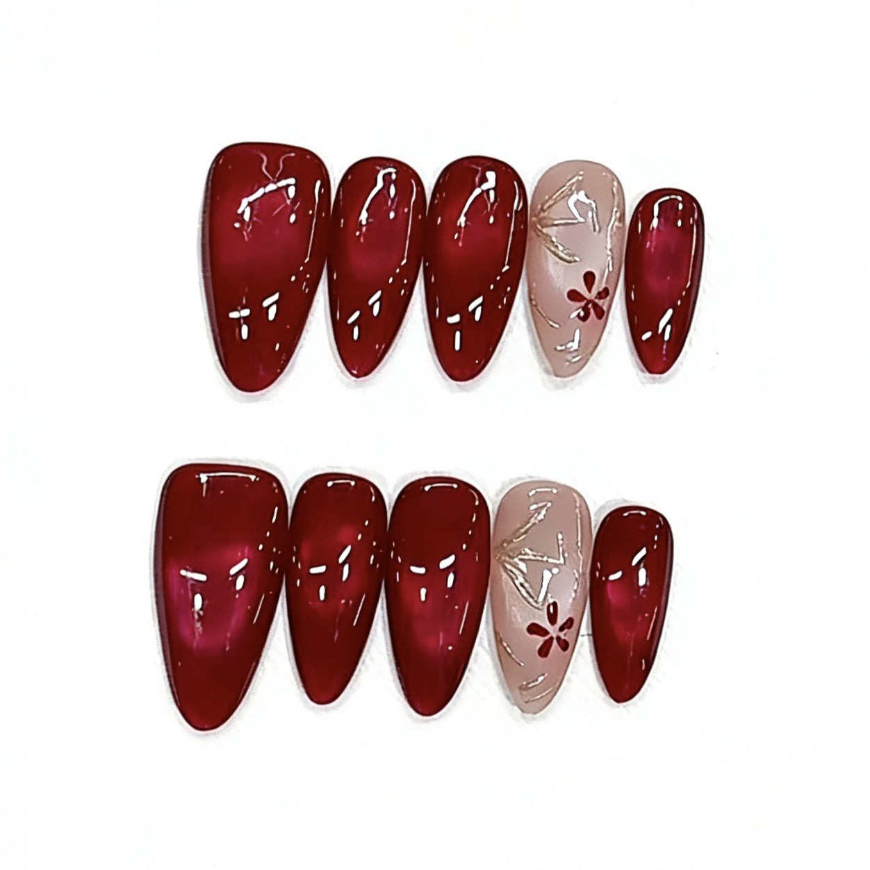 Handmade Wearable Nail Art, New Year Style - Blooming Flowers & Full Moon, 3D Hand-Painted Cat Eye Design, Pure & Elegant Nail Stickers