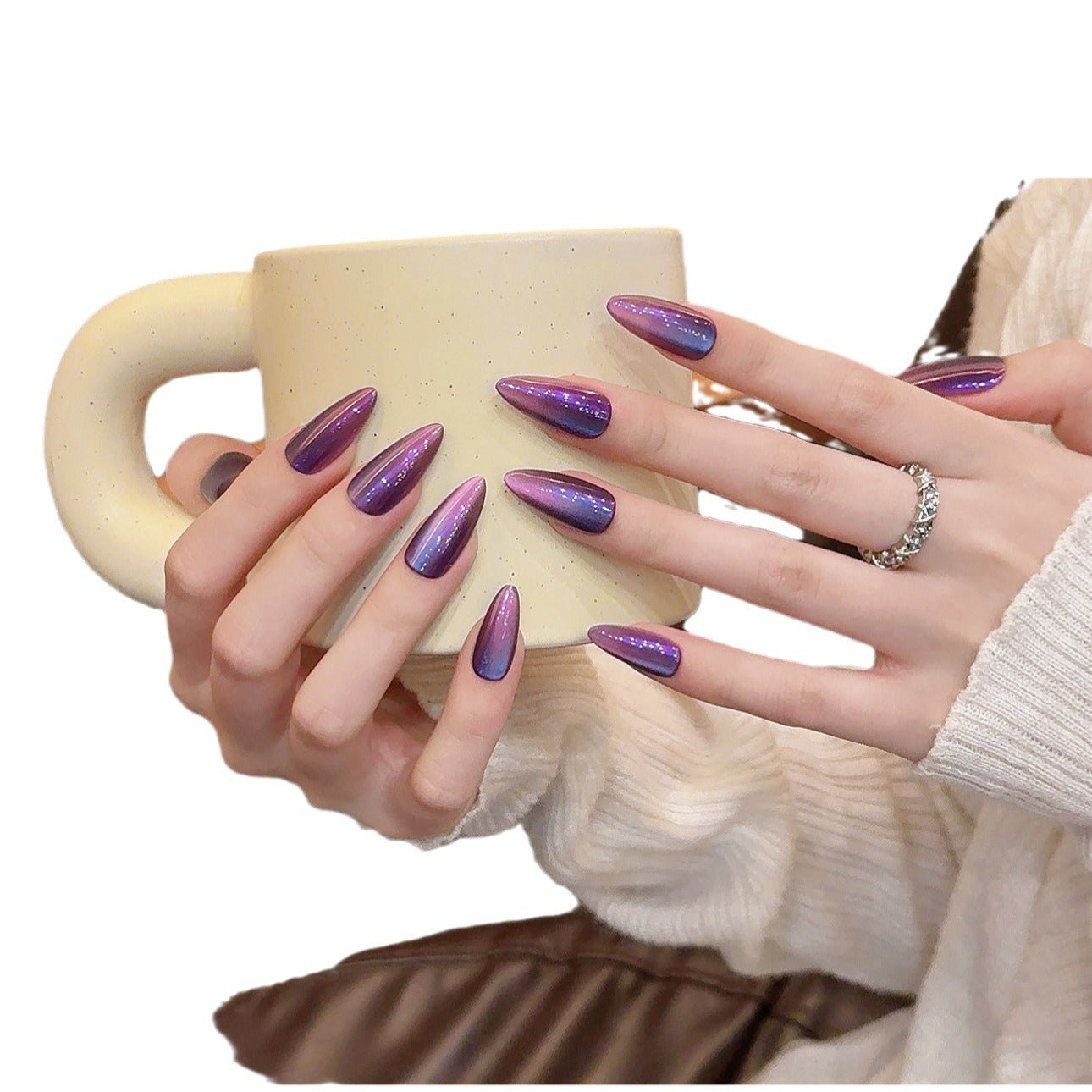 Handmade Dreamy Flowing Blue Cat Eye Press On Nails, Cool Girl Style Glitter Fake Nails, Skin Friendly Reusable Nail Tips