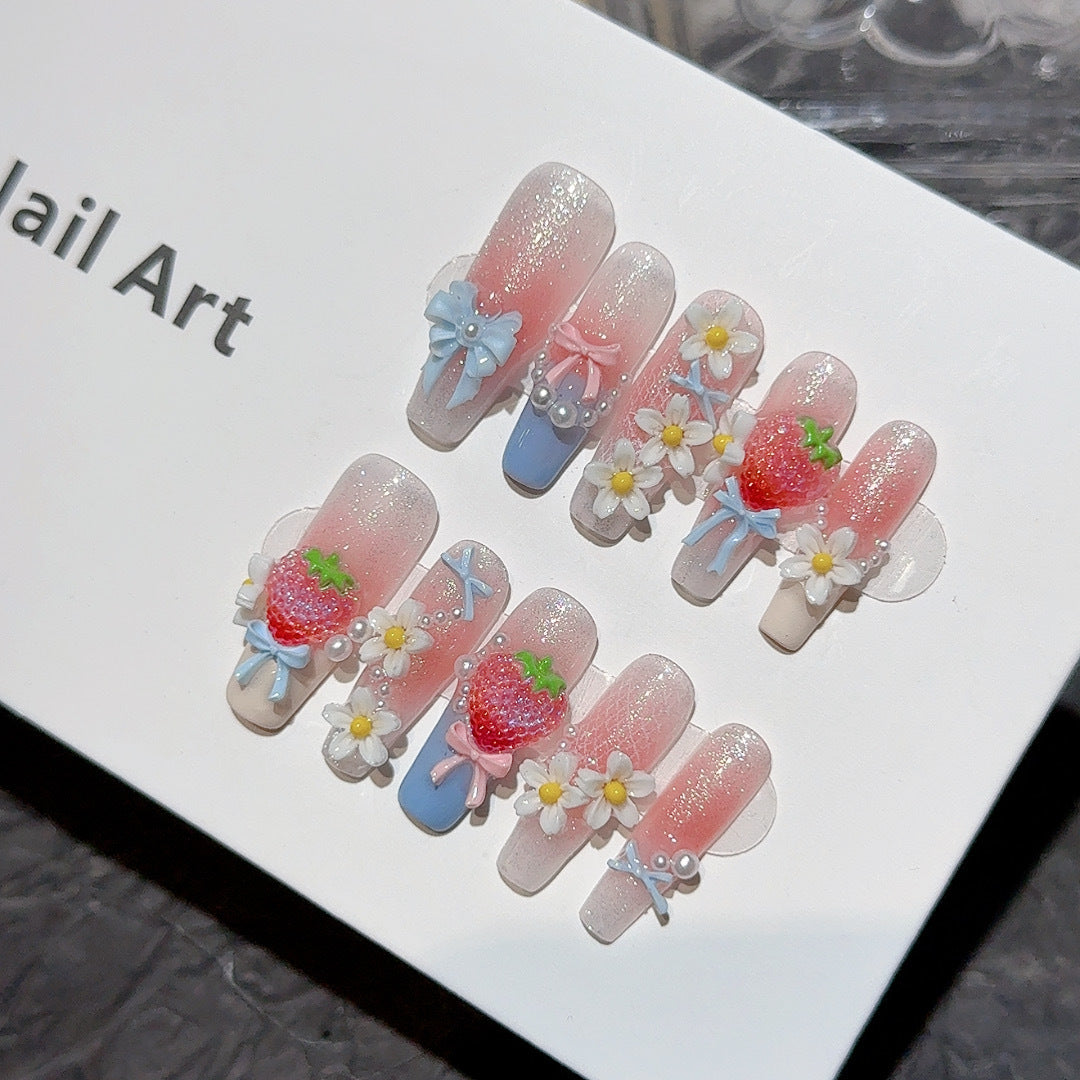 Strawberry Garden Shimmery Sweet Must-Have Handmade Press-On Nails, Summer Sweet Strawberry Design, Nail Tips