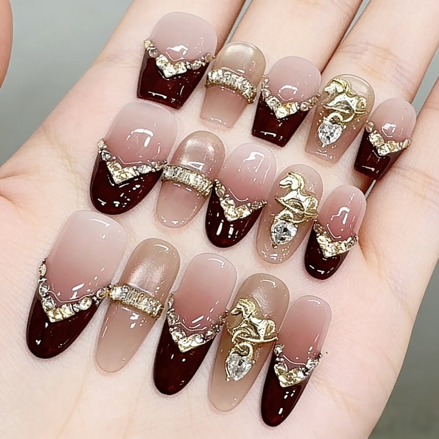 Handmade Wearable Nail Art, Lucky Horse Treading on Gold, Light Luxury Style, New Year Red, Skin-Flattering, French Cat Eye Nails