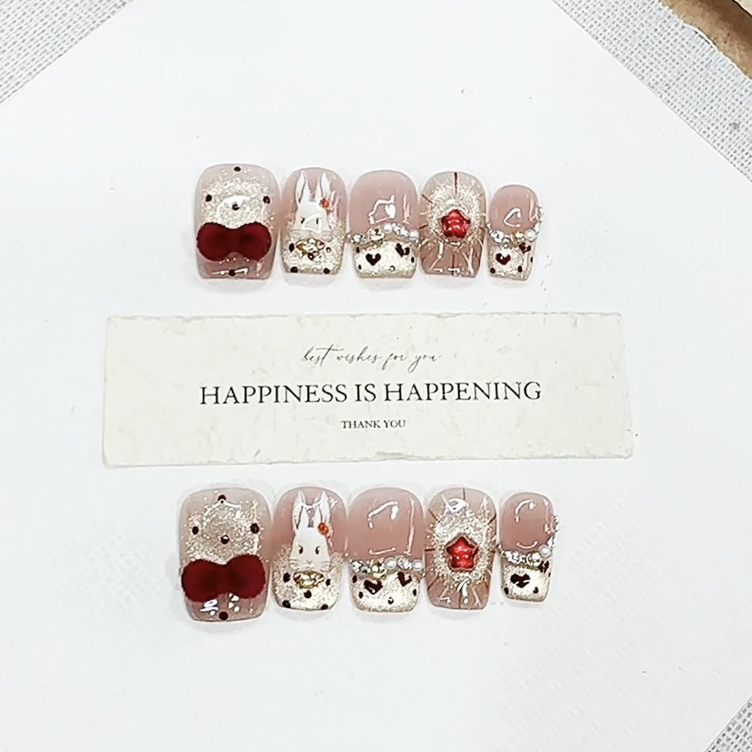 Handmade Phototherapy Wearable Nails, Cute Velvet Rabbit Design, Wholesale Finished Products, Reusable Patches