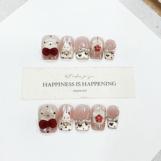 Handmade Phototherapy Wearable Nails, Cute Velvet Rabbit Design, Wholesale Finished Products, Reusable Patches