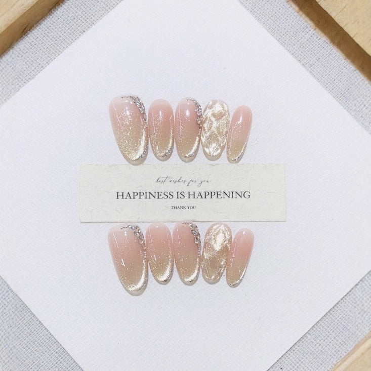 Handmade Wearable Nails New Autumn/Winter Style E046 French Elegant Wave Cat Eye Design Elegant Nail Patches