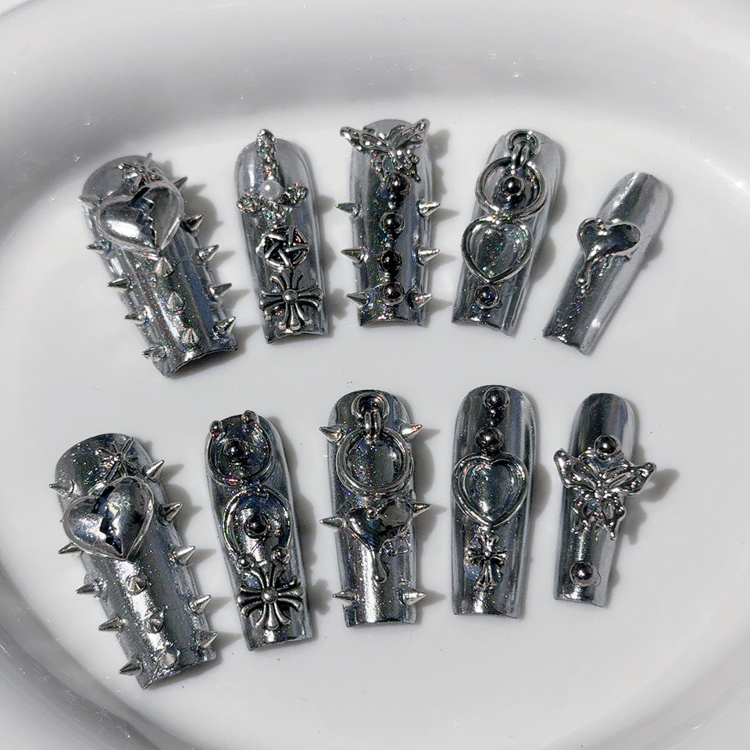 European and American Cross-border Square-tube Nail Art, Liquid Metal Rivet, Removable Press-on Nails, Handmade