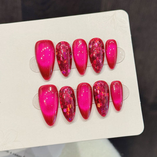 Rose Ruby Cat Eye, Minimalist Solid Color, Skin-Flattering Short Style Handmade Press On Nails