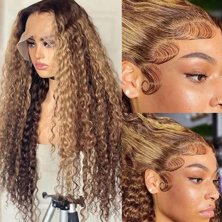 Real human hair 13*4 high-definition transparent lace water wave gradient piano color curly hair