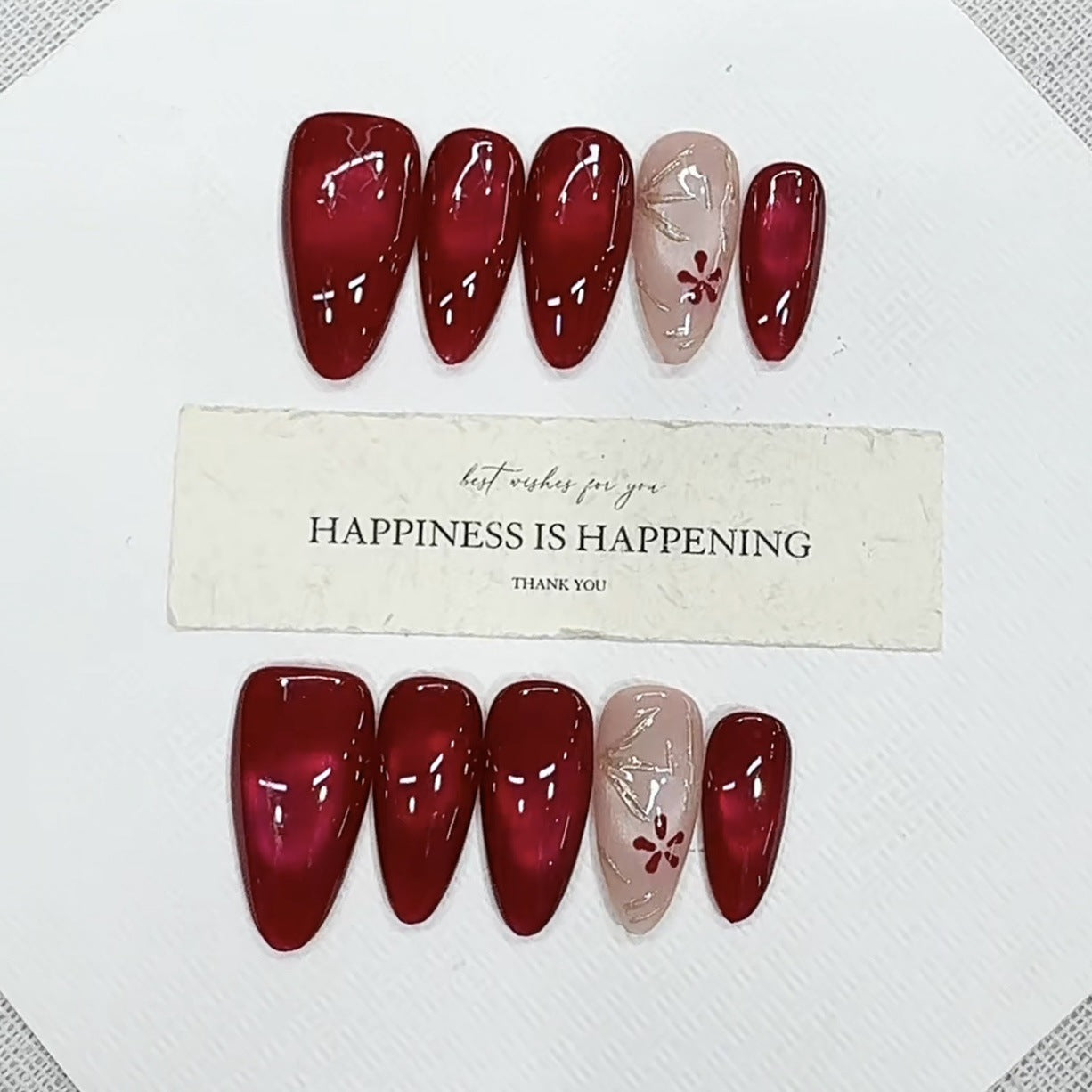 Handmade Wearable Nail Art, New Year Style - Blooming Flowers & Full Moon, 3D Hand-Painted Cat Eye Design, Pure & Elegant Nail Stickers