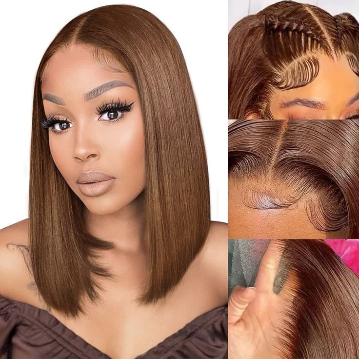 Stylish brown wig Bob haircut middle part short straight hair real human hairpiece front lace wig