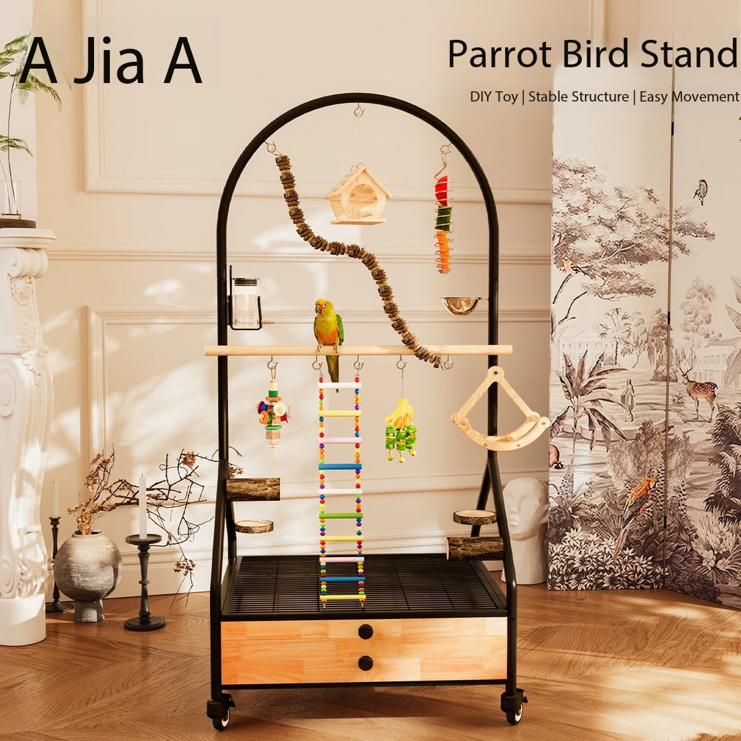 Arched Parrot Play Stand｜Rollable Bird Perch With Storage Drawer & Toy Hanging Area