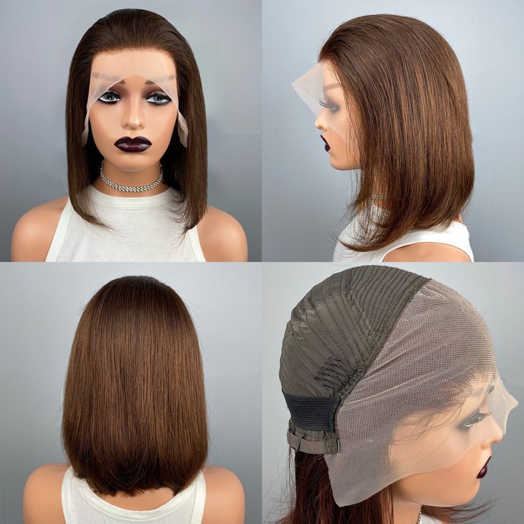 Stylish brown wig Bob haircut middle part short straight hair real human hairpiece front lace wig