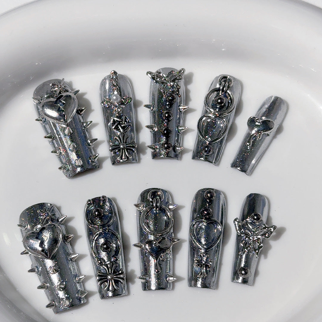 European and American Cross-border Square-tube Nail Art, Liquid Metal Rivet, Removable Press-on Nails, Handmade