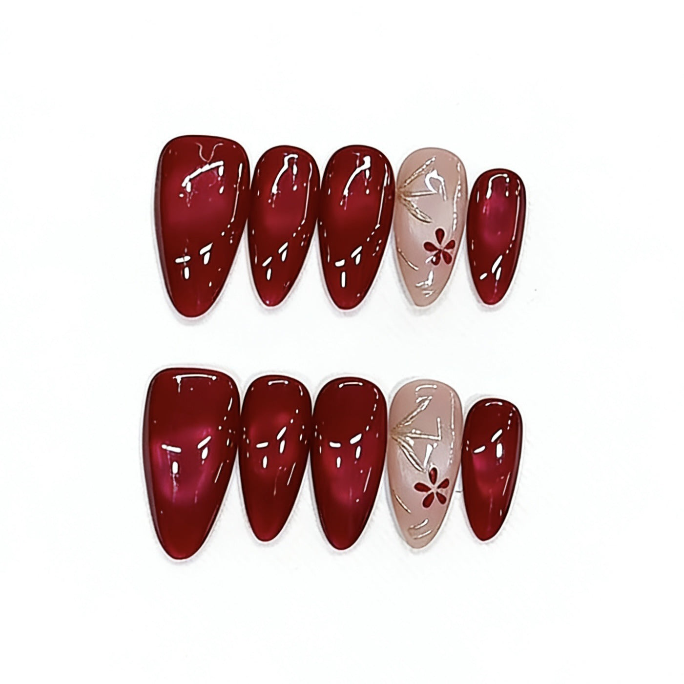 Handmade Wearable Nail Art, New Year Style - Blooming Flowers & Full Moon, 3D Hand-Painted Cat Eye Design, Pure & Elegant Nail Stickers