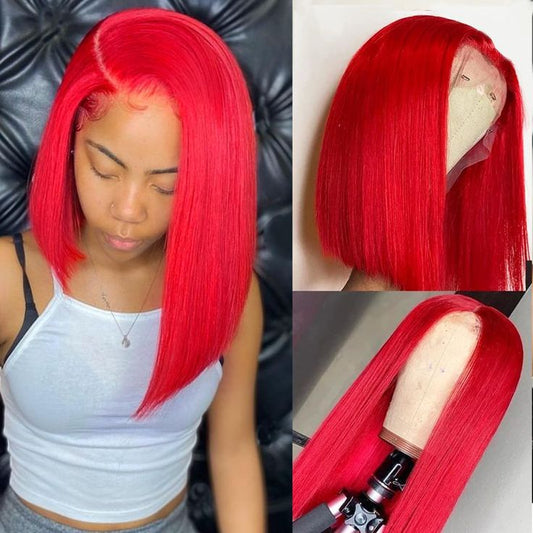 13*4 HD transparent lace red bright red wave bob short hair real human hair
