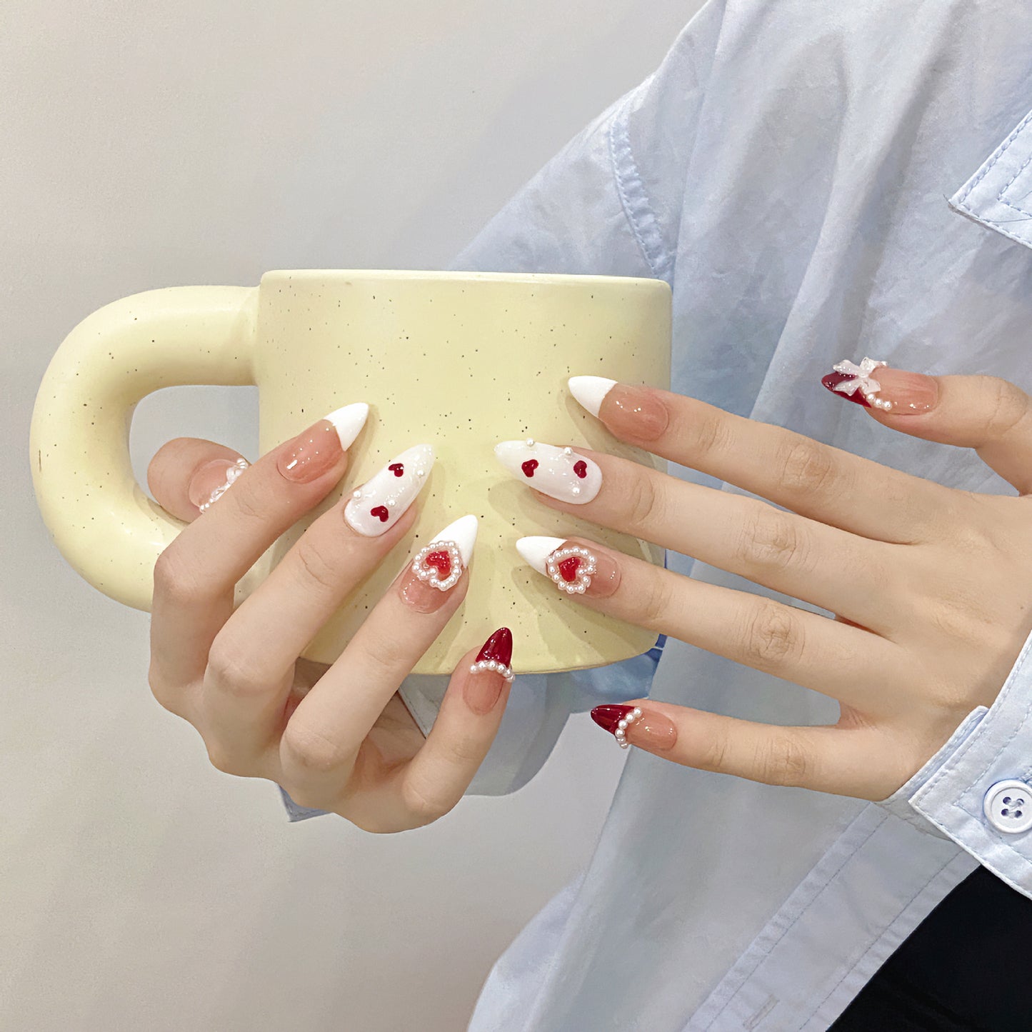 Handmade Wearable Nails, Ins Style French Bow Hand‑painted Premium Red Cat Eye, Flattering & Versatile for All Skin Tones