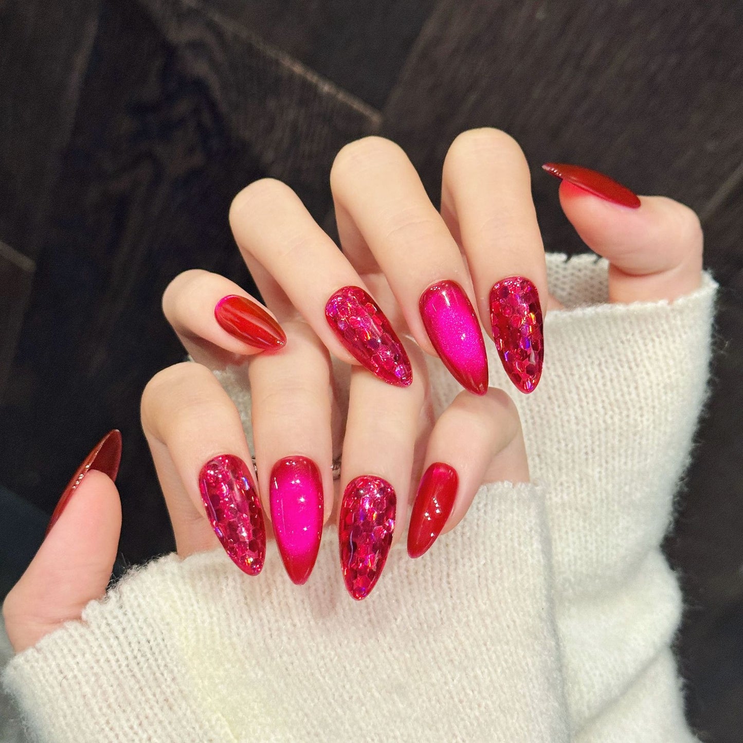 Rose Ruby Cat Eye, Minimalist Solid Color, Skin-Flattering Short Style Handmade Press On Nails