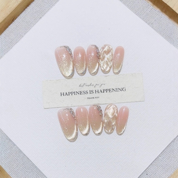 Handmade Wearable Nails New Autumn/Winter Style E046 French Elegant Wave Cat Eye Design Elegant Nail Patches