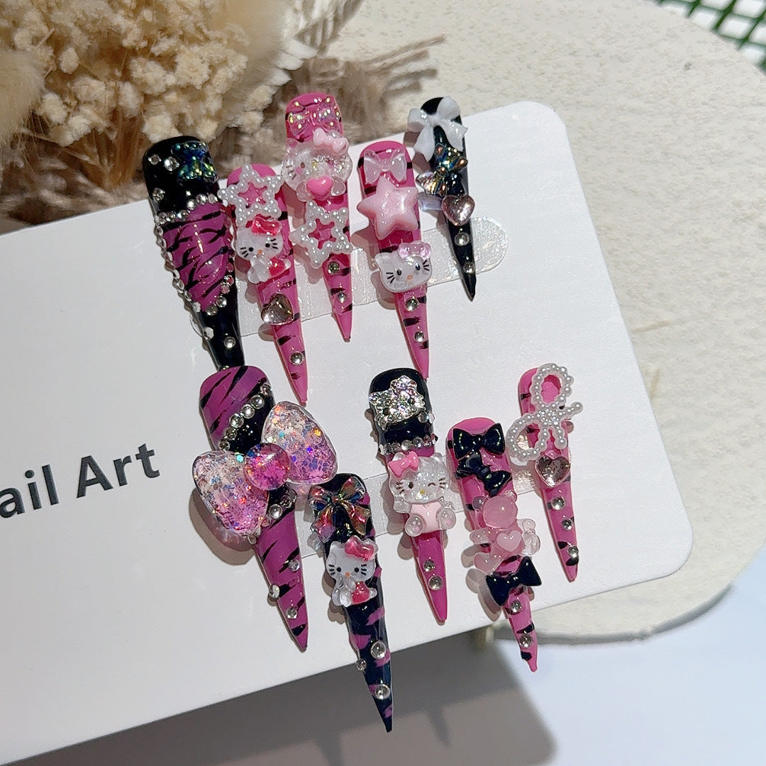 5.0 Extra Long Stiletto Hand-Painted Zebra Print KT Spice Girl Wearable Nails, Premium Personalized European-American Style, Handmade, Reusable