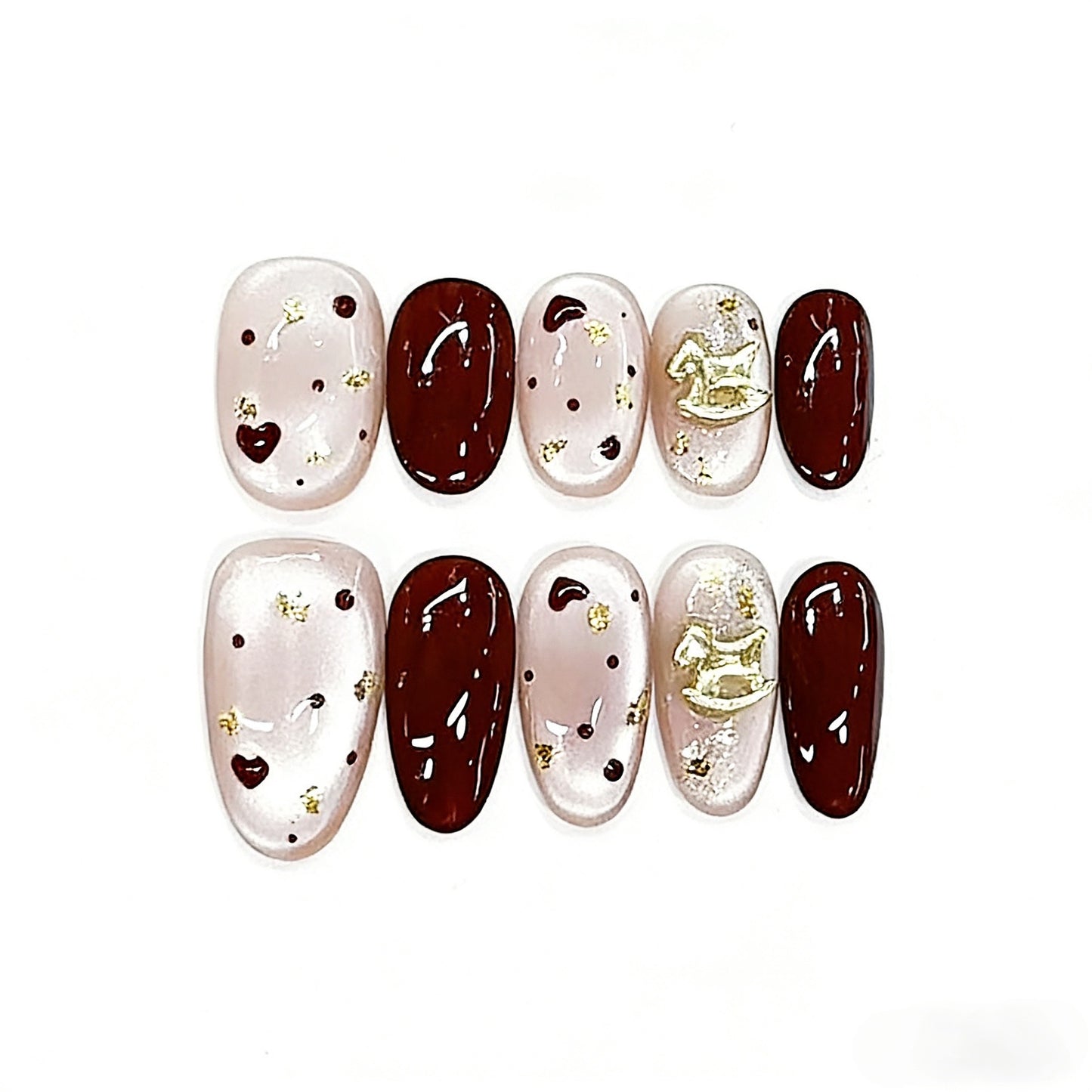 Handmade Wearable Nail Art, New Year Style - Golden Horse Fortune, Cat Eye Sparkle, Elegant & Luxurious