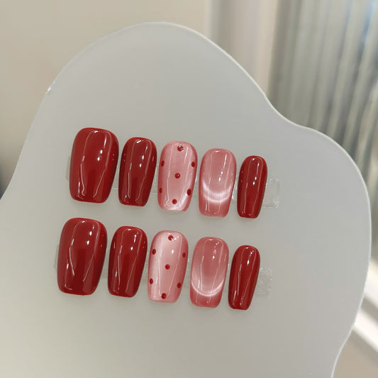 Red Premium Polka Dot Cat Eye, Skin-Flattering & Minimalist Short Style New Year Nails