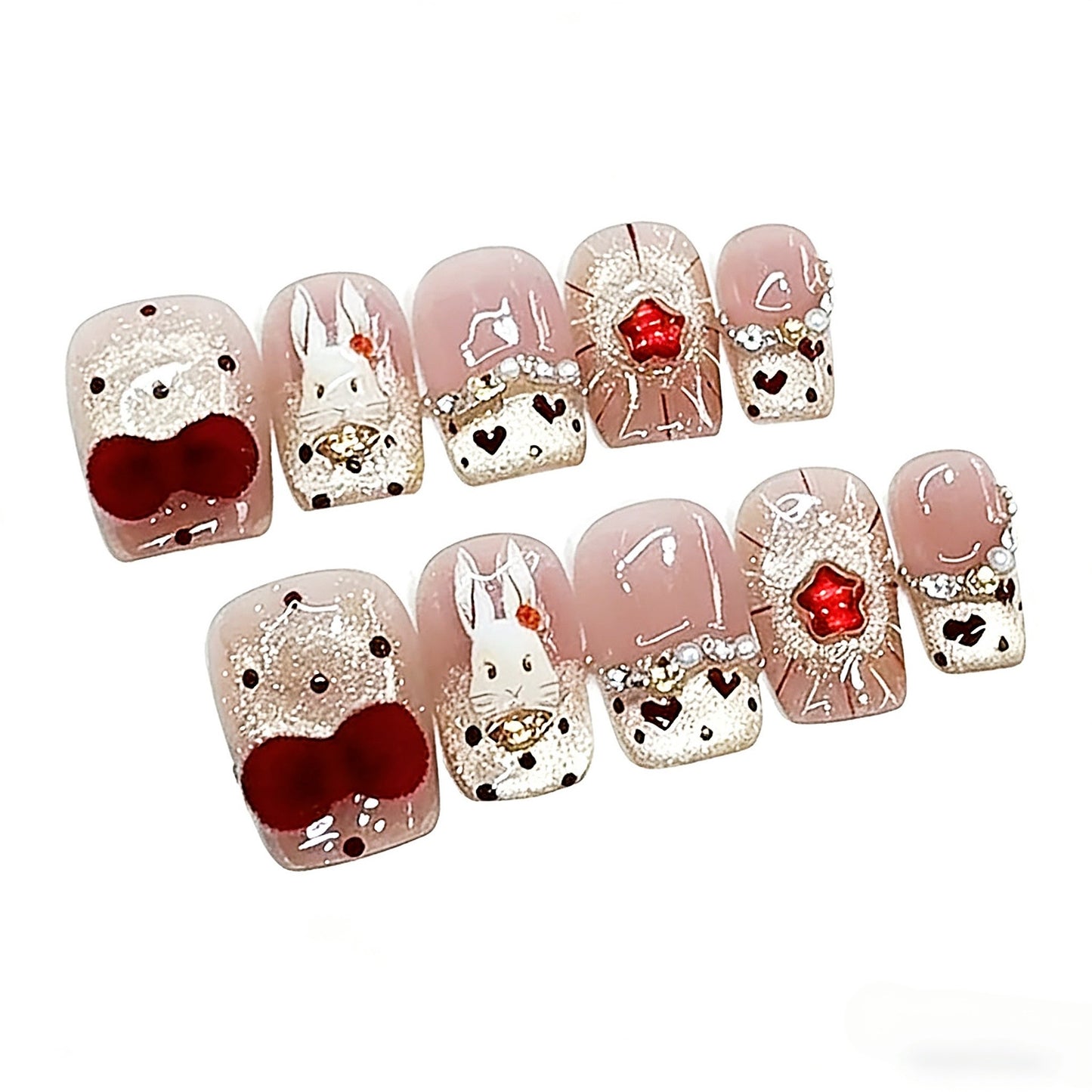 Handmade Phototherapy Wearable Nails, Cute Velvet Rabbit Design, Wholesale Finished Products, Reusable Patches