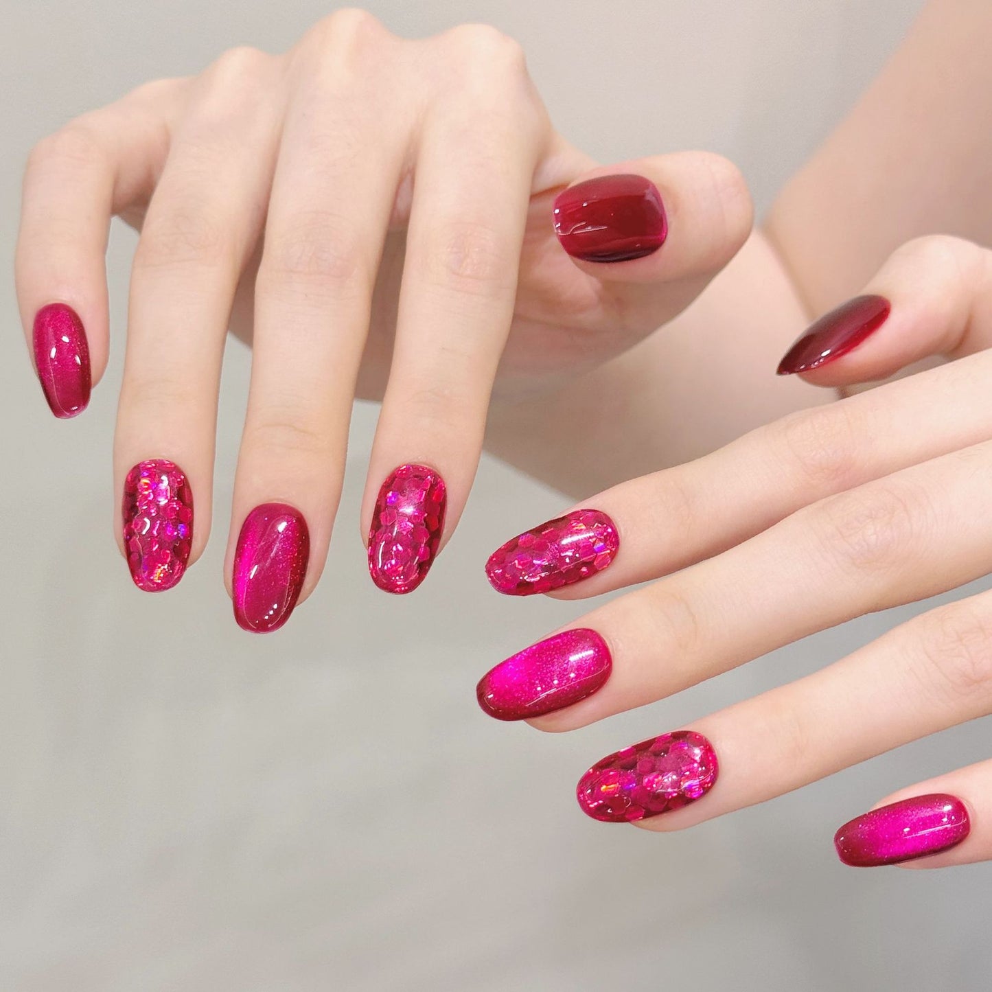 Rose Ruby Cat Eye, Minimalist Solid Color, Skin-Flattering Short Style Handmade Press On Nails