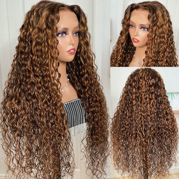 Real human hair 13*4 high-definition transparent lace water wave gradient piano color curly hair