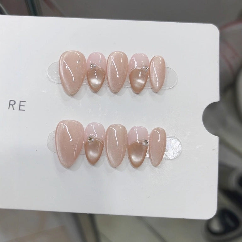 Handmade Wearable Nails, New Autumn & Winter Style, Light French Glass Bead Cat Eye Design, Elegant Nail Patches