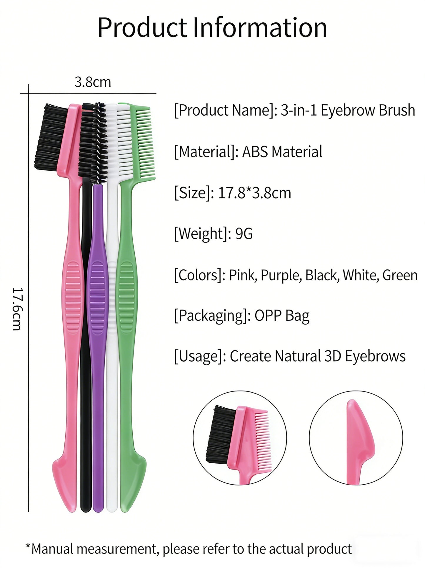 Multi use eyebrow brush, broken hair brush, double ended hairline comb, hair dye brush, hair styling tool, portable (set of three)