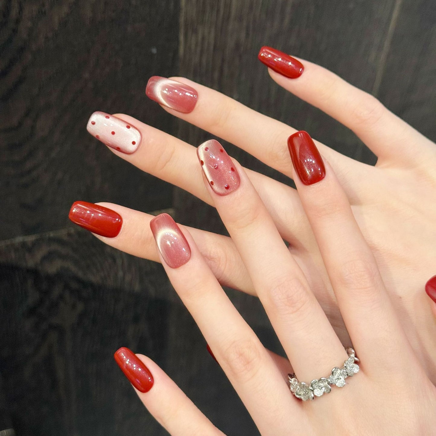 Red Premium Polka Dot Cat Eye, Skin-Flattering & Minimalist Short Style New Year Nails