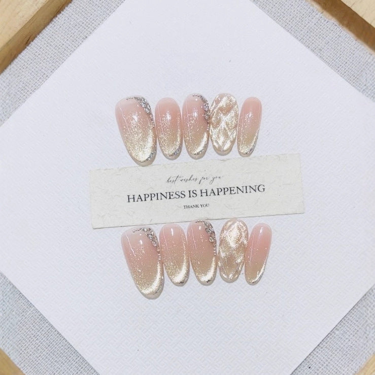 Handmade Wearable Nails New Autumn/Winter Style E046 French Elegant Wave Cat Eye Design Elegant Nail Patches