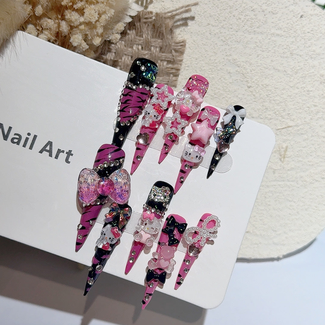 5.0 Extra Long Stiletto Hand-Painted Zebra Print KT Spice Girl Wearable Nails, Premium Personalized European-American Style, Handmade, Reusable