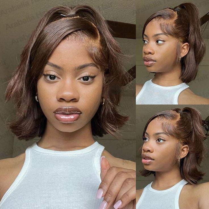 Stylish brown wig Bob haircut middle part short straight hair real human hairpiece front lace wig