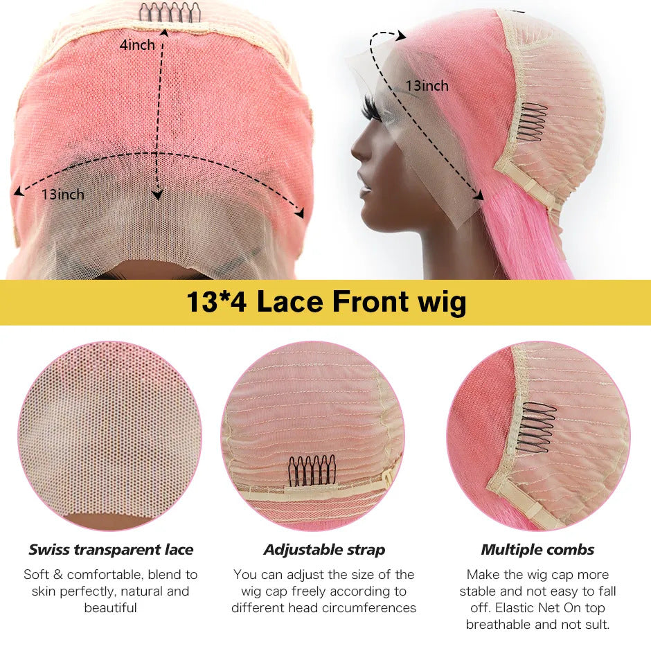 European and American real human hair Bob wigs pink 13x4 lace front