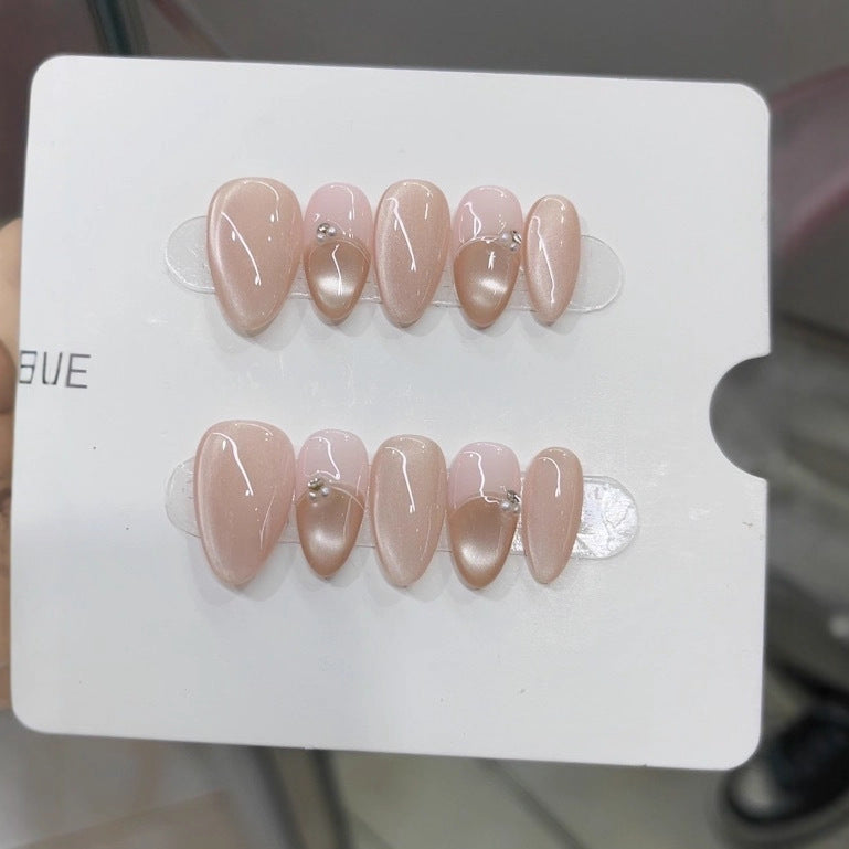 Handmade Wearable Nails, New Autumn & Winter Style, Light French Glass Bead Cat Eye Design, Elegant Nail Patches