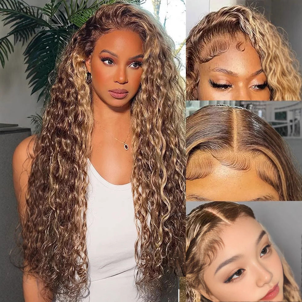 Real human hair 13*4 high-definition transparent lace water wave gradient piano color curly hair