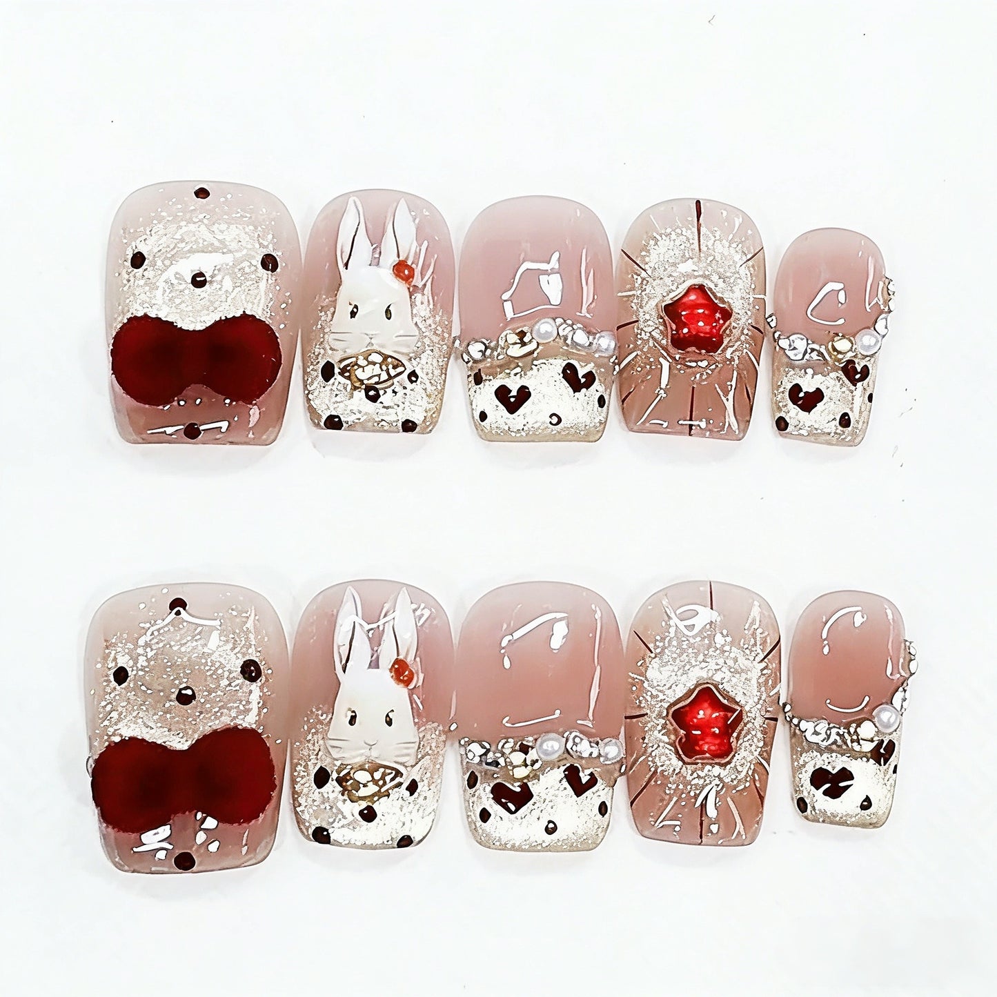Handmade Phototherapy Wearable Nails, Cute Velvet Rabbit Design, Wholesale Finished Products, Reusable Patches