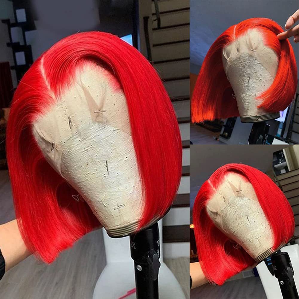 13*4 HD transparent lace red bright red wave bob short hair real human hair