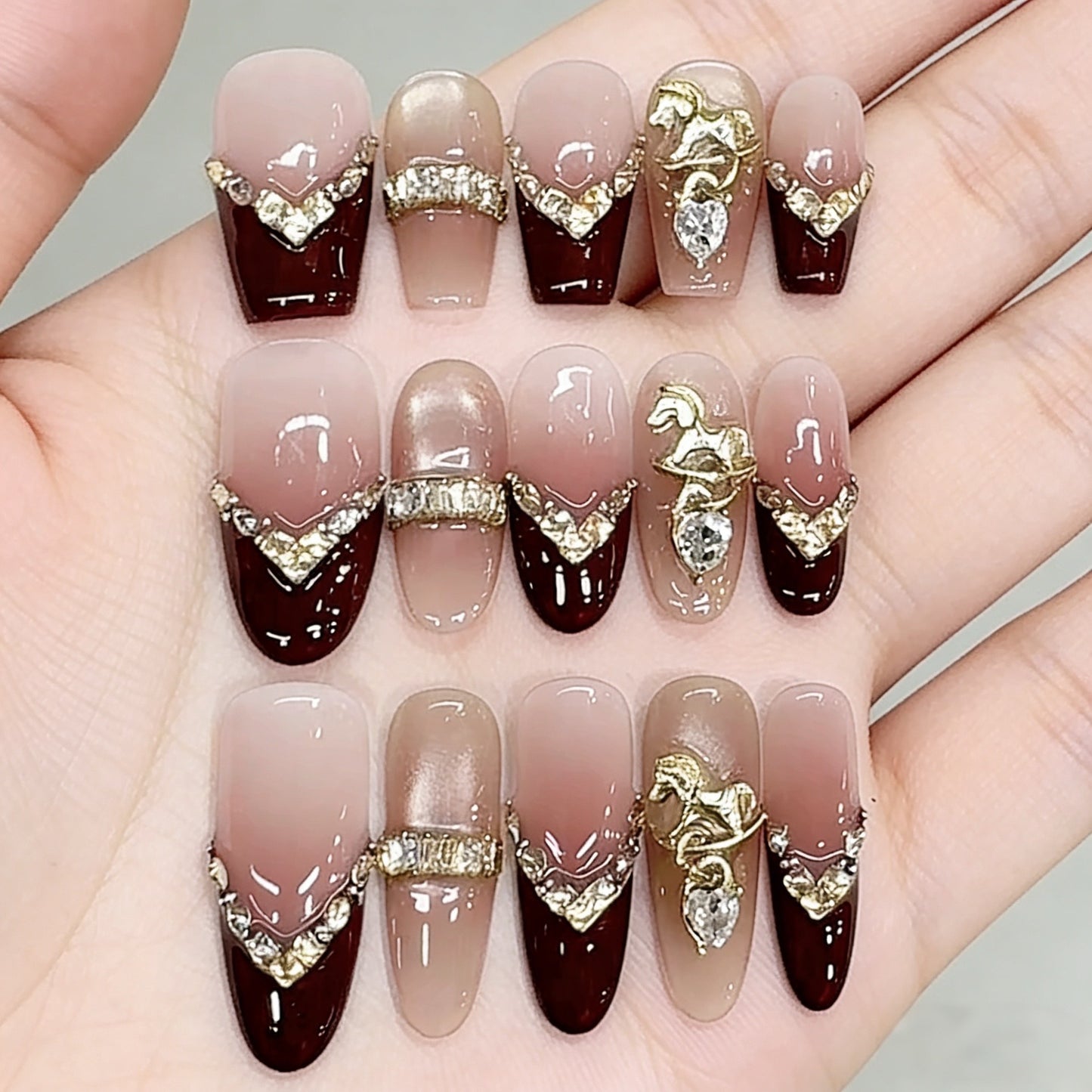 Handmade Wearable Nail Art, Lucky Horse Treading on Gold, Light Luxury Style, New Year Red, Skin-Flattering, French Cat Eye Nails