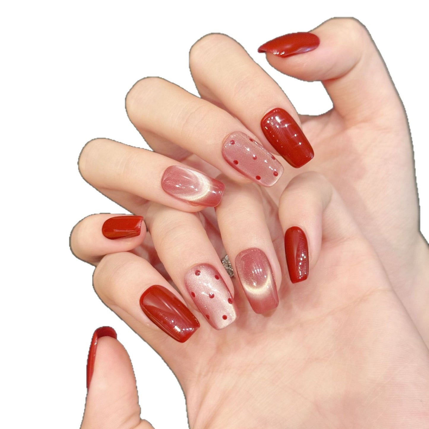 Red Premium Polka Dot Cat Eye, Skin-Flattering & Minimalist Short Style New Year Nails