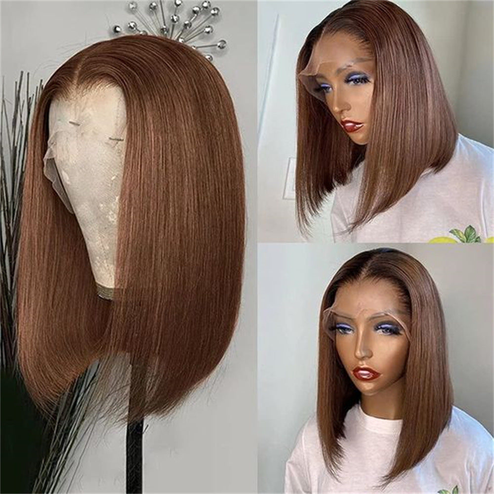 Hot chocolate-brown front lace-up real human hair wig 180 density