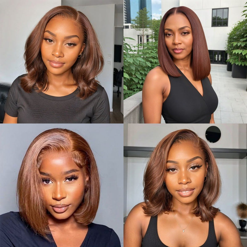 Stylish brown wig Bob haircut middle part short straight hair real human hairpiece front lace wig