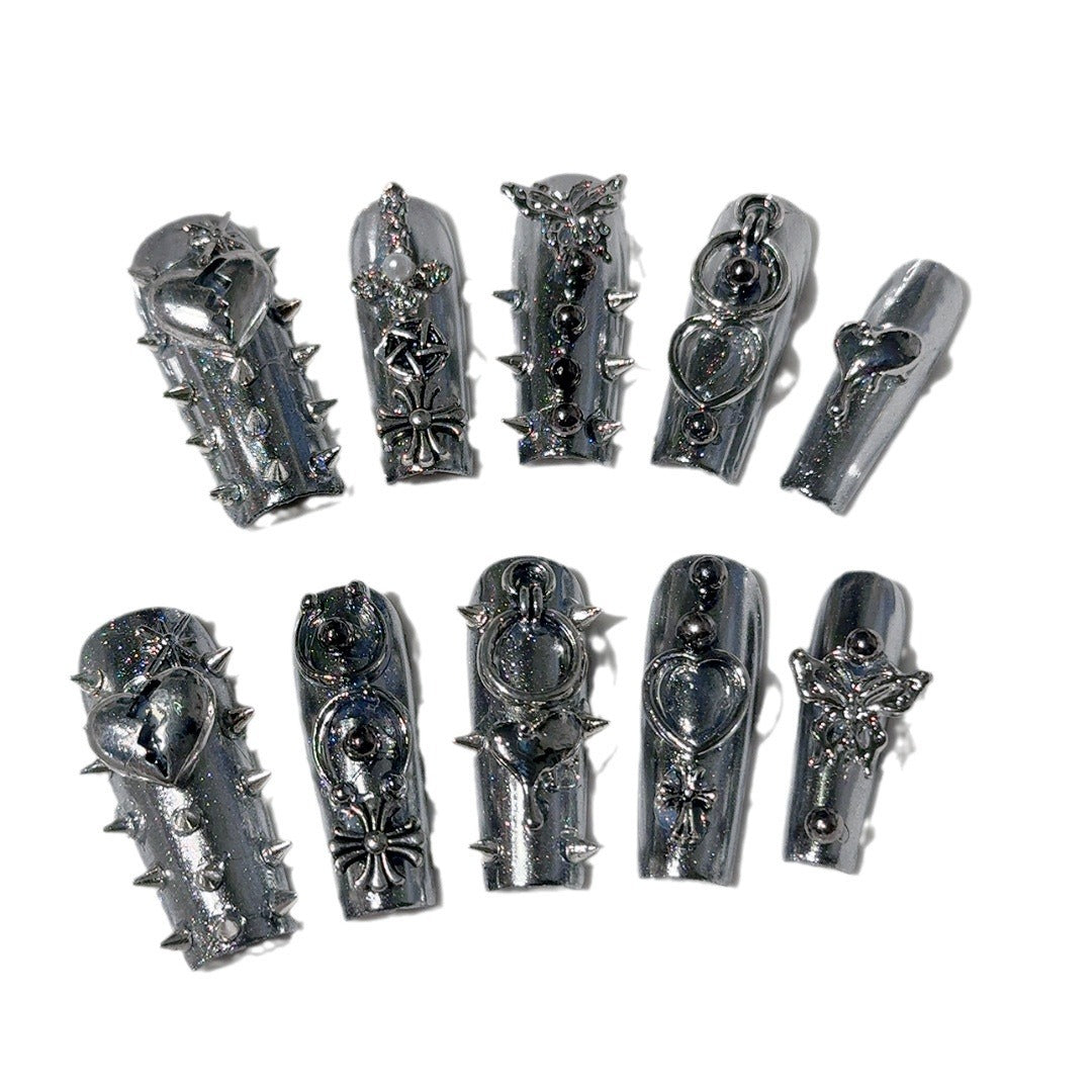 European and American Cross-border Square-tube Nail Art, Liquid Metal Rivet, Removable Press-on Nails, Handmade