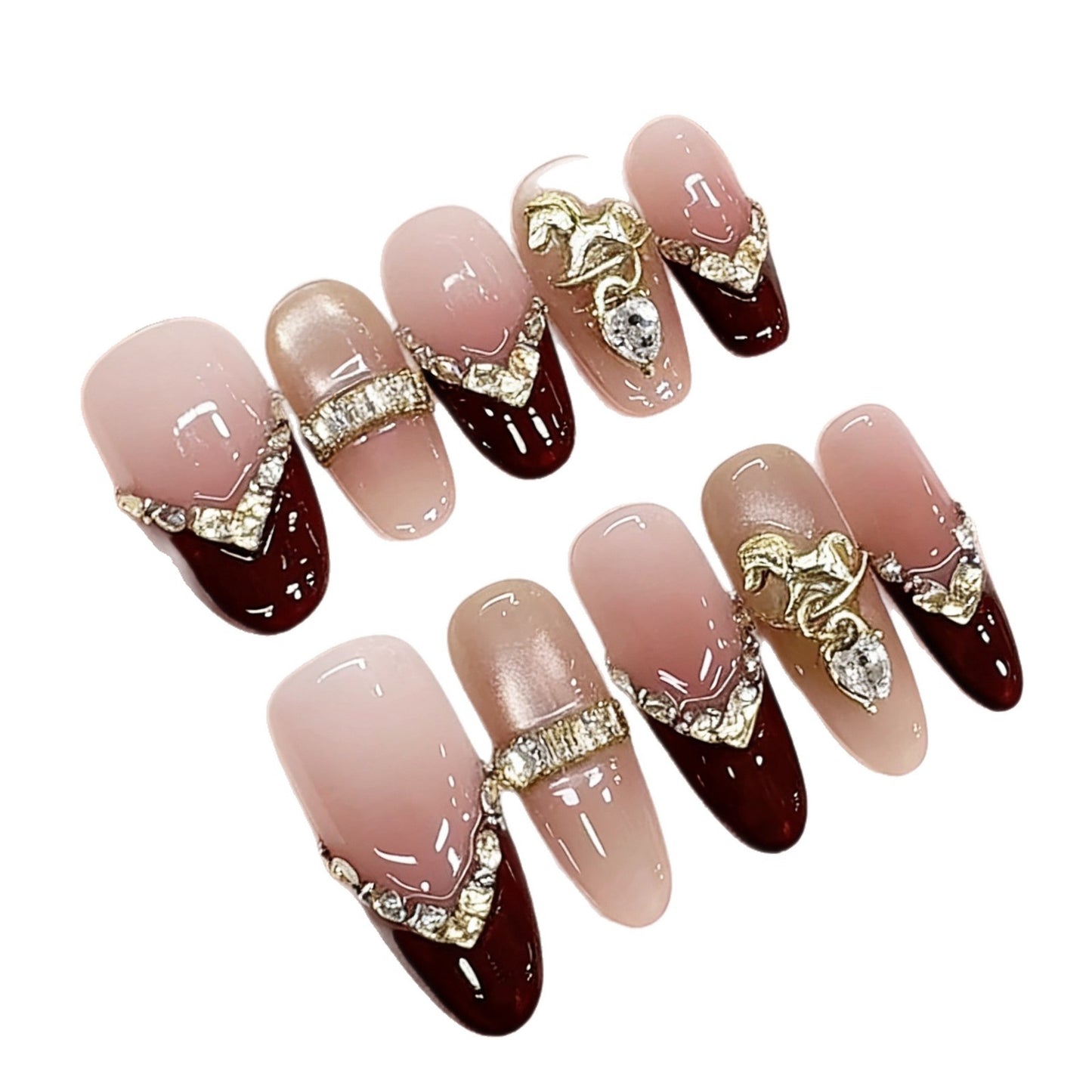 Handmade Wearable Nail Art, Lucky Horse Treading on Gold, Light Luxury Style, New Year Red, Skin-Flattering, French Cat Eye Nails