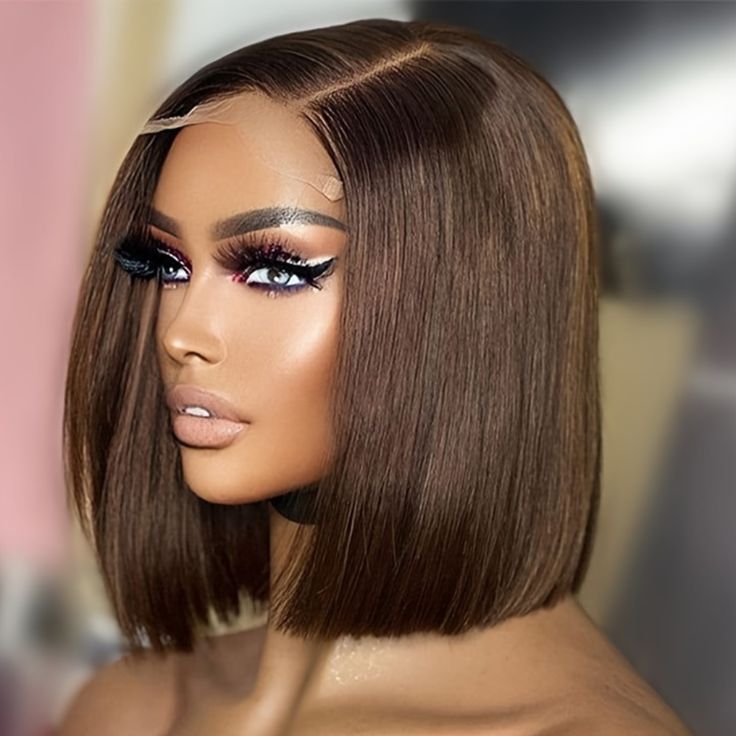 Stylish brown wig Bob haircut middle part short straight hair real human hairpiece front lace wig