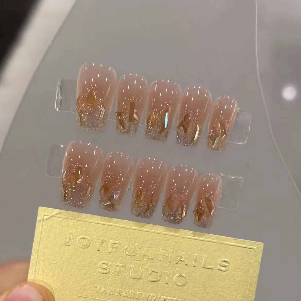 Handmade Phototherapy Nail Art, Champagne Glitter Diamond Wearable Nails, Wholesale Finished Products, Reusable & Removable Nail Patches