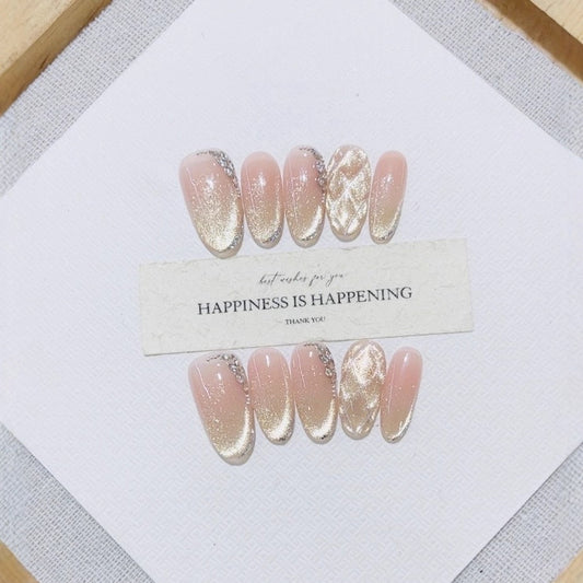 Handmade Wearable Nails New Autumn/Winter Style E046 French Elegant Wave Cat Eye Design Elegant Nail Patches