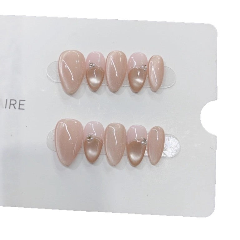 Handmade Wearable Nails, New Autumn & Winter Style, Light French Glass Bead Cat Eye Design, Elegant Nail Patches